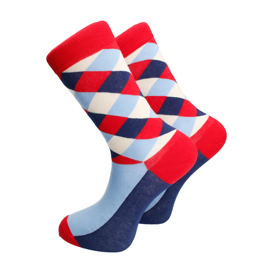 Bold Argyle Check Red, White & Blue Combed Cotton Socks