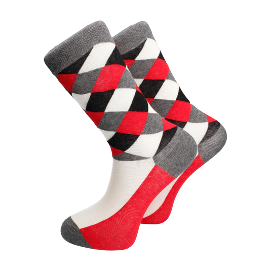 Bold Argyle Check Red, White & Grey Combed Cotton Socks
