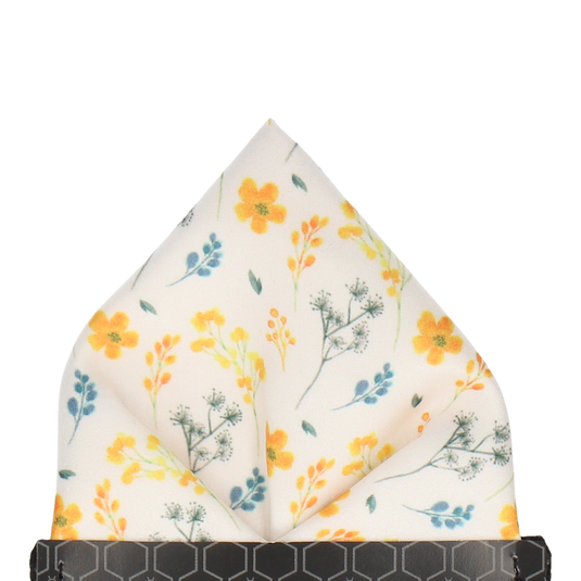 White & Yellow Whimsical Floral Pocket Square - Pocket Square with Free UK Delivery - Mrs Bow Tie
