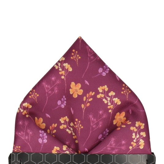 Mulberry & Yellow Whimsical Floral Pocket Square - Pocket Square with Free UK Delivery - Mrs Bow Tie