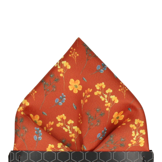 Copper & Yellow Whimsical Floral Pocket Square - Pocket Square with Free UK Delivery - Mrs Bow Tie