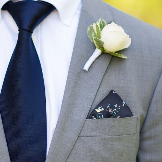 Navy Blue Chinoiserie Floral Pocket Square - Pocket Square with Free UK Delivery - Mrs Bow Tie