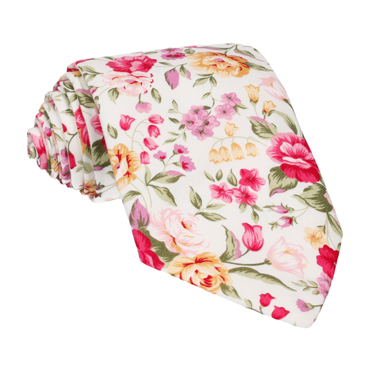 White & Pink Floral Cotton Tie - Tie with Free UK Delivery - Mrs Bow Tie