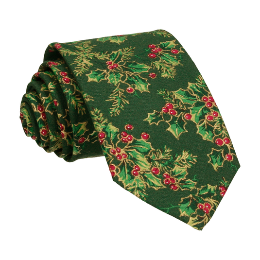 Metallic Outline Holly Leaves and Berries Festive Green Tie