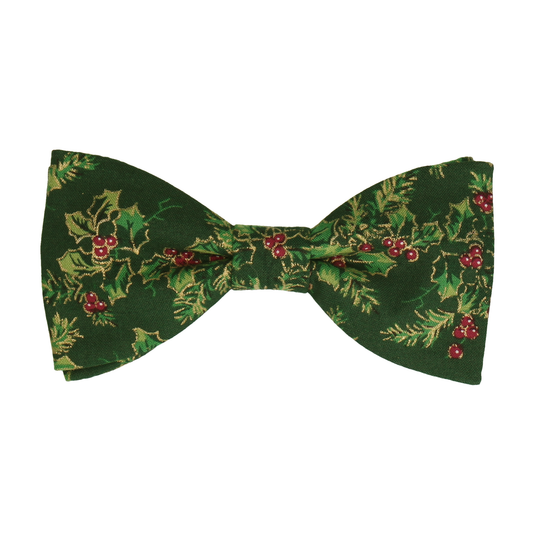 Metallic Outline Holly Leaves and Berries Festive Green Bow Tie