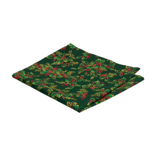 Metallic Outline Holly Leaves And Berries Festive Green Pocket Square
