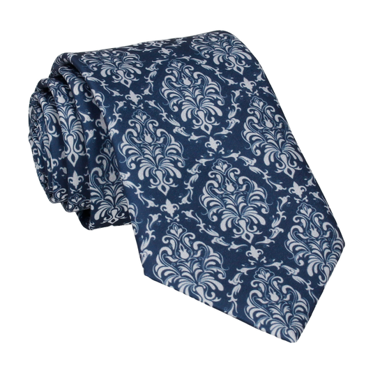 Navy Blue & Silver Grey Damask Tie - Tie with Free UK Delivery - Mrs Bow Tie