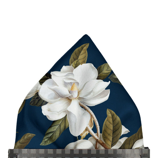 White Magnolia Flowers & Foliage Navy Blue Pocket Square