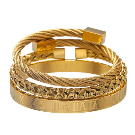 3 Piece Roman Numeral Gold Tone Bracelet Set