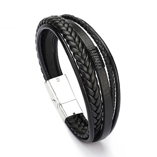 Black Leather Cord Magnetic Clasp Bracelet