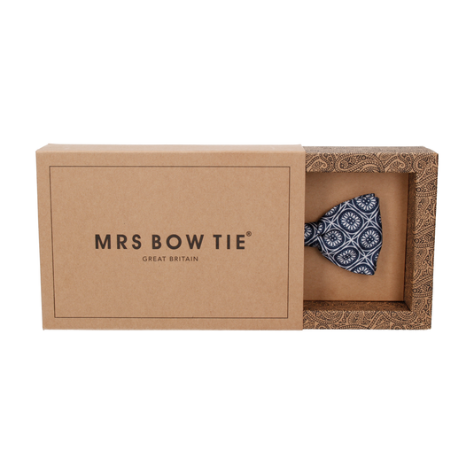 Navy Blue & Silver Geo Floral Pattern Bow Tie - Bow Tie with Free UK Delivery - Mrs Bow Tie