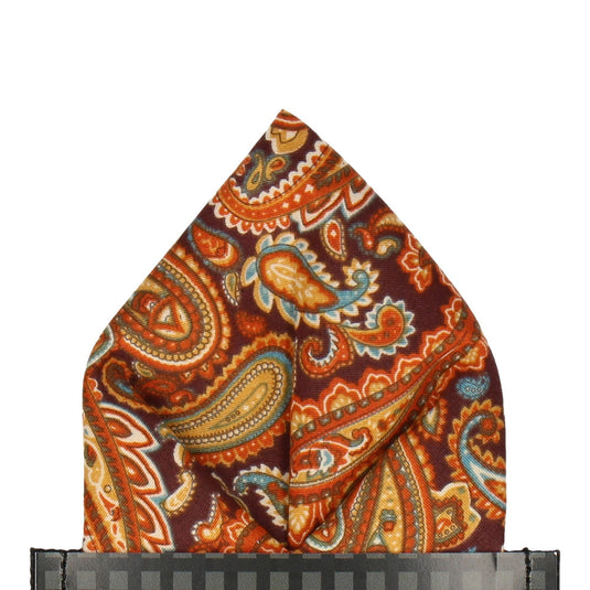 Orange Brown Retro Paisley Pocket Square - Pocket Square with Free UK Delivery - Mrs Bow Tie