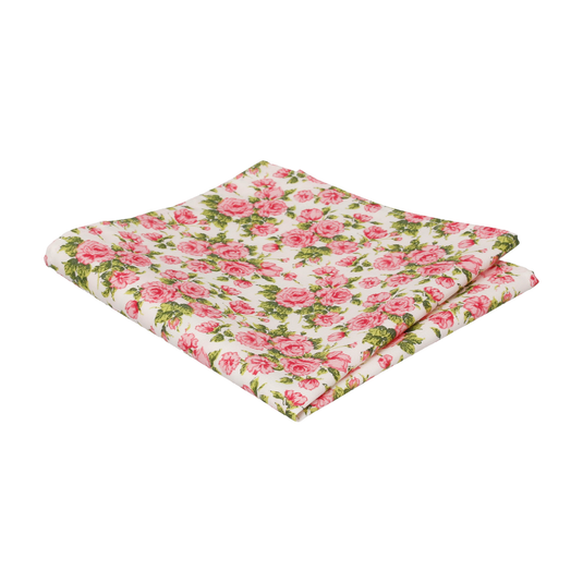 Pink Roses White Cotton Pocket Square - Pocket Square with Free UK Delivery - Mrs Bow Tie