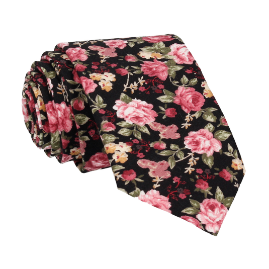 Pink Roses Black Cotton Tie - Tie with Free UK Delivery - Mrs Bow Tie